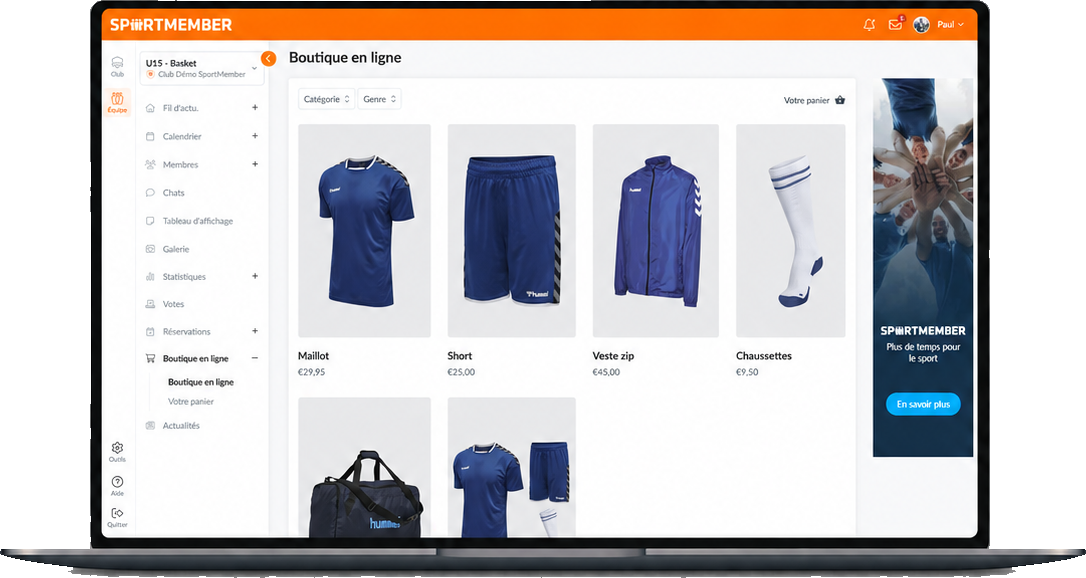 La boutique en ligne du club dans SportMember sur ordinateur